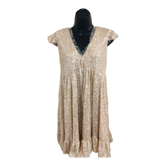 Gold shimmery sequin lace trim v-neck babydoll swing tent dress size medium new - Picture 3 of 16